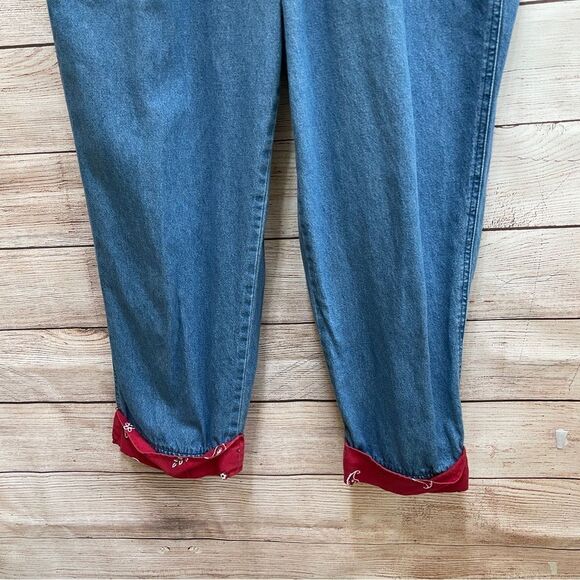 VINTAGE MANDAL BAY DENIM OVERALLS WITH RED BANDANA PRINT TRIM - Picture 5 of 10